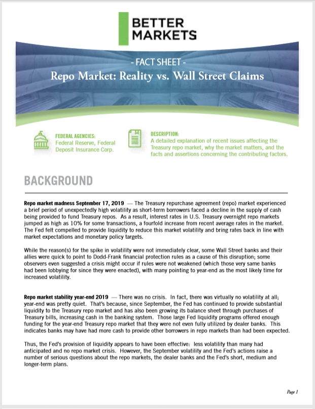 Fact Sheet on Repo Market Reality vs. Wall Street Claims Better Markets
