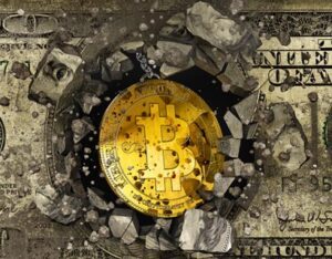 Image of bitcoin breaking through a 100 dollar bill