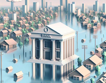 Image of a town that is flooded with a bank in the middle, climate risks affects banking system