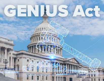 Image of the US Capital with digitized looking gavel and the word GENIUS Act in the background