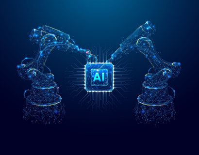 Industrial robotic arms create AI a chip or a semiconductor on a dark blue background.